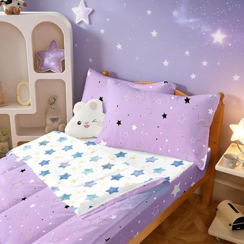 Image of Kids Comforter Set,Zipper Bedding Twin for Girls,Star Printed Comforter Set with Blue Stars Fitted Sheets and Pillowcases for All Season(Star Twin)
