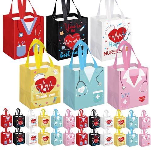 KOPOOEOE 24 Pcs Nurse Week Gifts Bags Bulk Nurse Appreciation Gift Bag with Handles Reusable Thank You Treat Bag for Rn Cna Crna Non Woven Treat Tote Bags for Medical Assistant Party Favor