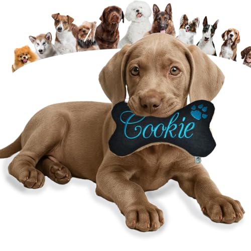 Personalisiertes Hundespielzeug Knochen – bestickter Canvas Hundeknochen mit Name – wählbar mit Quietscher oder Rassel – 20 Farben – Größen XS bis XXL