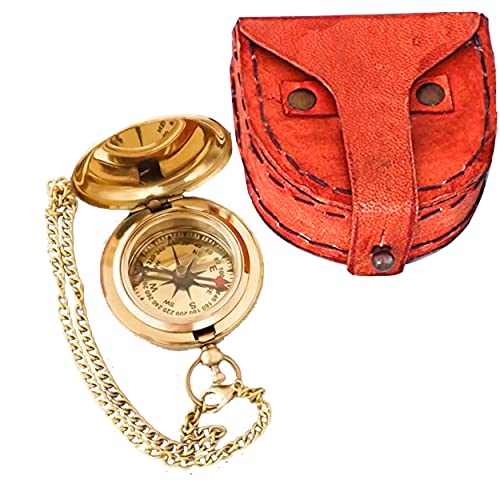 Brass Nautical Pocket Compass with Chain & Leather Box – Vintage Camping & Hiking Compass, Marine Graduation Gift for Men, Travel Directional Tool for Backpacking & Outdoor Adventures