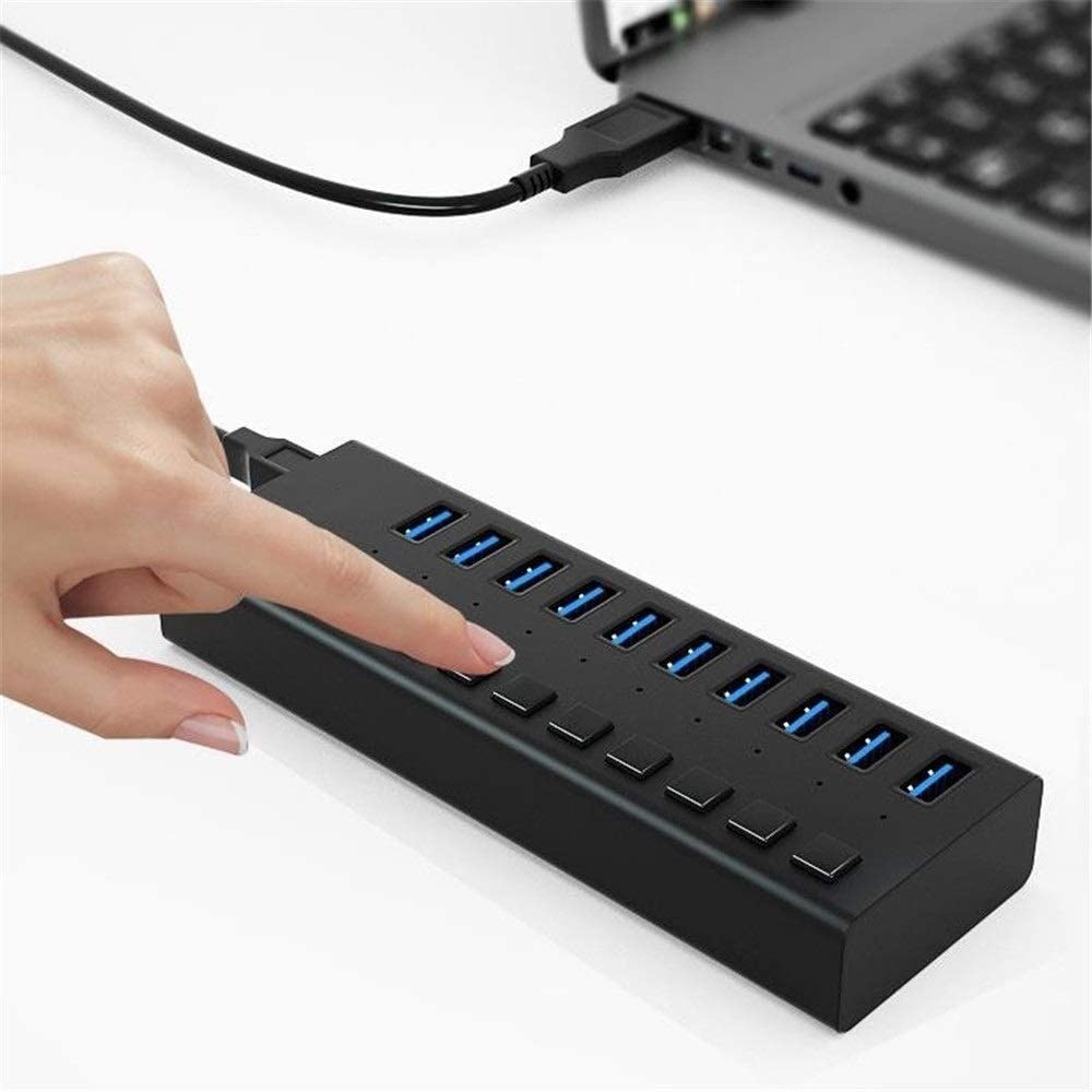 Hub USB C Hub USB Zasilany 10-portowy USB 3.0 Przenośny rozdzielacz Aluminiowy hub danych z indywidualnym włącznikiem/wyłącznikiem Podwójna stacja dokująca USB C 4K z