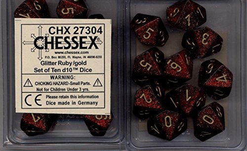 Dados d10 con brillantina rubí y oro para noches de rol inolvidables con amigos
