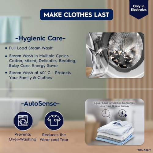 Image of Electrolux 10kg 5 Star Front Load Washing Machine, AutoSense Technology, Full Load Steam Wash, Hygienic Care, EcoInverter Motor, UltimateCare 300, EWF1024M3SB, Dark Silver
