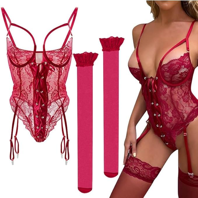 Sadodo Dessous Sexy Sets,Strapsen Dessous Set mit Spitzenstrümpfe,Erotiek Wäsche für Fauen,Babydoll Damen Bodysuit,Overall Lingerie mit Loch...