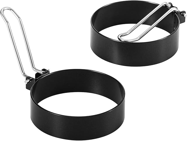 HORRAu 2pcs Egg Rings, Fried Egg Mould with Foldable Stainless Steel Handle, Egg Poachers Non Stick, for Crumpet, Pancake