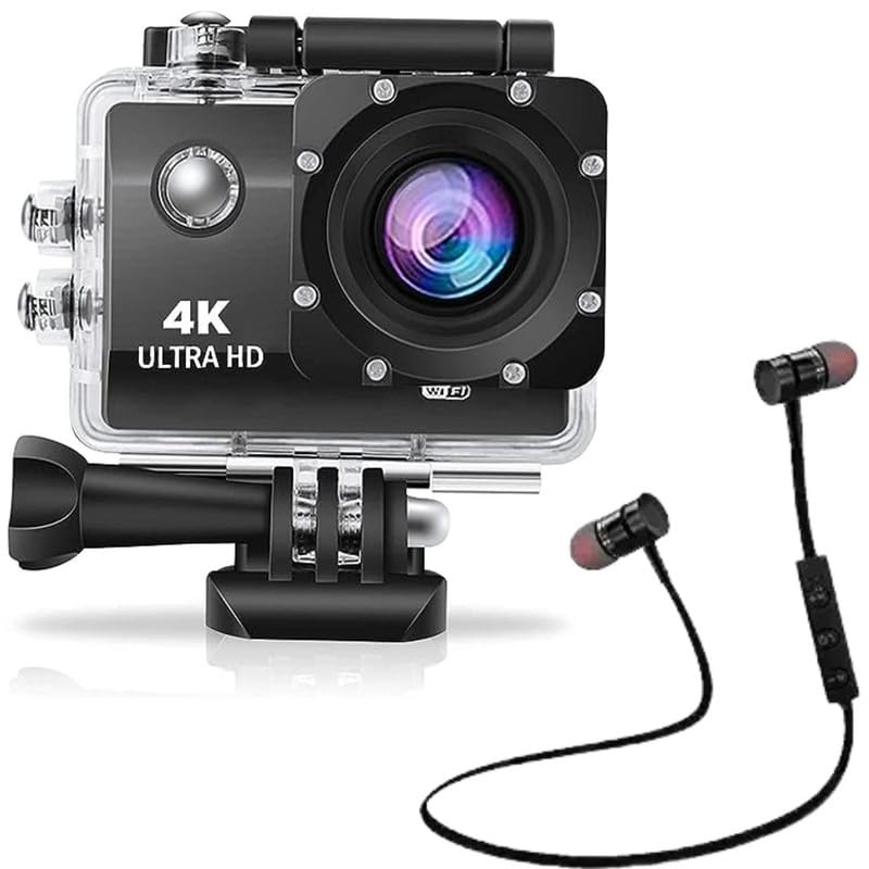 Drumstone Combo Pack of 2 Items- Touch Screen Sports Action Camera, 4K Waterproof Sport Camera,170 Degree Wide Angle WiFi HD Cam, 16MP with Sweatproof Light Weight Magnetic Bluetooth Headset Earphone