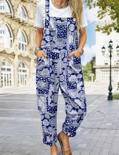 Image of YESNO Women's Overalls Cotton Boho Casual Floral Bib Jumpsuit Baggy Adjustable Strap Romper with Pockets PVV