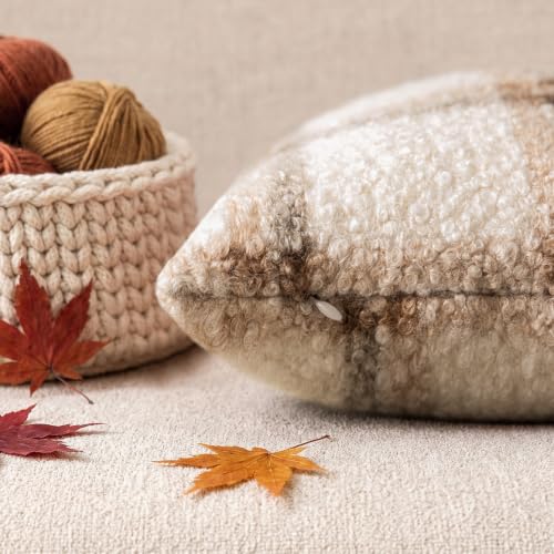 Image of Foindtower Pack of 2 Soft Faux Fur Boucle Throw Decorative Pillow Covers Fuzzy Accent Check Cushion Sherpa Boho Farmhouse Pillowcase for Couch Sofa Bed Living Room Home Decor 18x18 Inch,Natural Beige