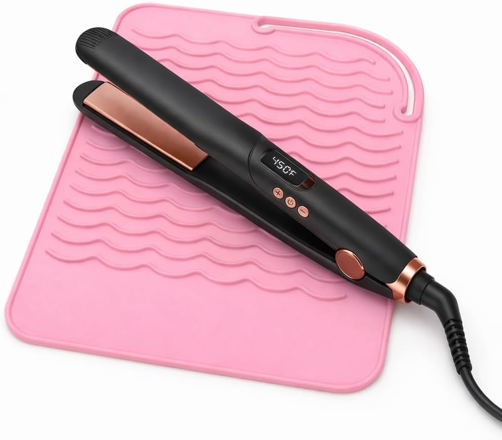 Heat Resistant Silicone Mat for Curling Iron, Flat Iron & Hair Straightener, Food Grade Non-Slip Hot Tool Pad, Pink, 9 x 6.5 Inch