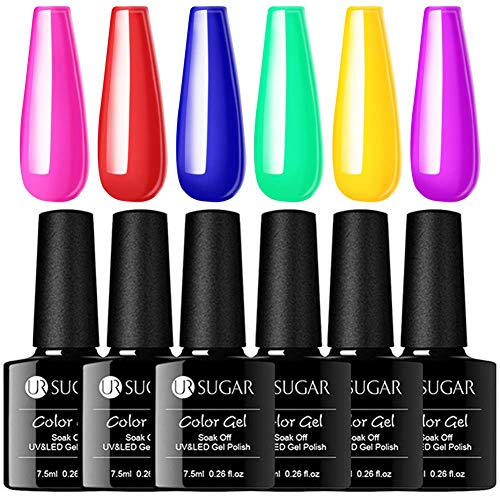 UR SUGAR Jelly Gel Nail Polish Set Rainbow Crystal Gel Polish Glass Gel Nail Polish Neon Red Yellow Green Orange Royal Blue 2020 Nail Design Colors 7.5ML 6 Bottles Nail Gel Polish Collection set