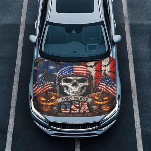 Image of Car Hood Cover Protector Waterproof Auto Hood Wrap Blankets Halloween Decorations Auto Patriotic Decorative Accessories for Sedans SUVs Pickup Trucks (American Flag Skull Design)