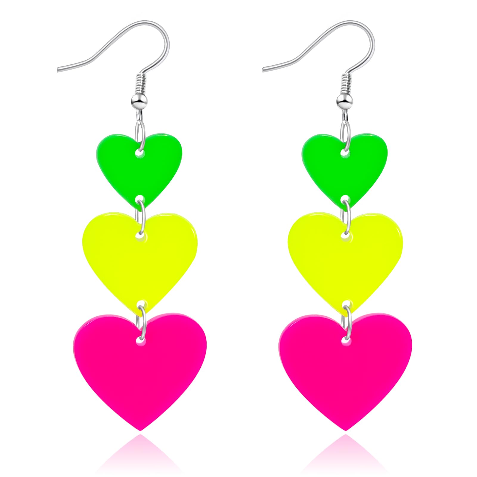 Haolry Neon Heart Earrings for Women Acrylic Neon Earrings 80s 90s Outfit for Women Glow Party Accessories Gifts Hot Pink Orange Green Yellow