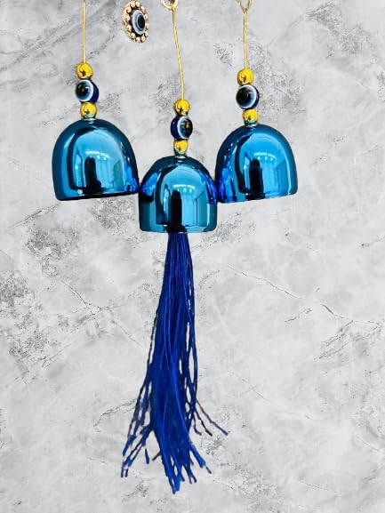 Image of Evil Eye Wind Chime 3 Bells Blue Elephant Wall Hanging for Home & Office Protection Brings Positive Vibes & Removes Negative Energy for Car Hanging Evil Eye