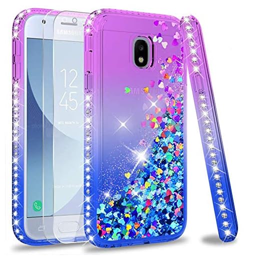 LeYi Fodral för Galaxy J3 2017 med skärmskydd i härdat glas, flicka kvinnor 3D glitter vätska söt personlig diamant klar transparent silikon gel stöttåligt fodral för Samsung J3 2017 lila blå