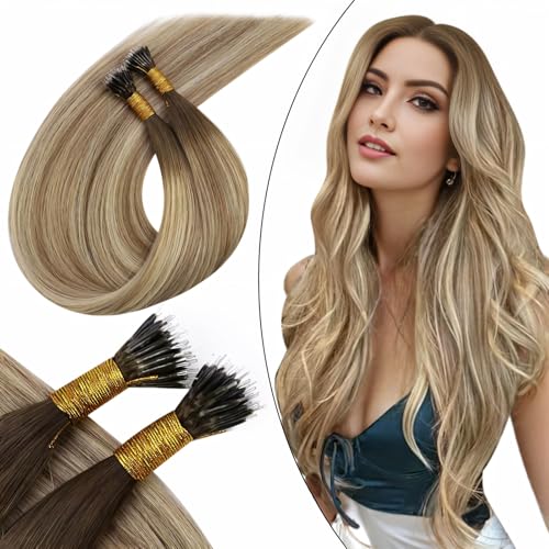 Ugeat Ombre Nano Bead Hair Extensions Human Hair Dark Brown Fading to Light Brown Mix Medium Blonde Nano Link Extensions Balayage Straight 14inch 50G 50S #3/8/22