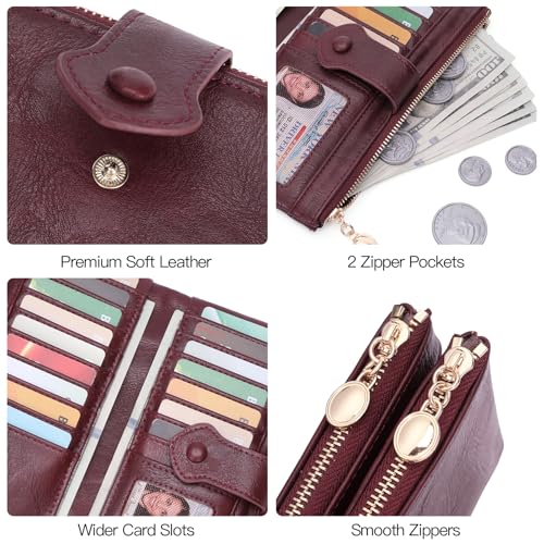 Image of GOIACII Wallet for Women Ladies Wallets Double Zippers Clutch Purse Red | Bifold Ladies Card Holder,Zipper Pockets,Ladies Wallets,Vintage Wallets for Women