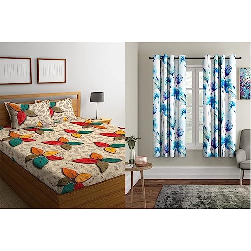 Image of Home Sizzler 144 TC Microfibre 3D Floral Multi Double Bedsheet with 2 King Size Pillow Covers 2 Pieces Abstract Flower Eyelet Polyester Window Curtains - 5 Feet, Blue