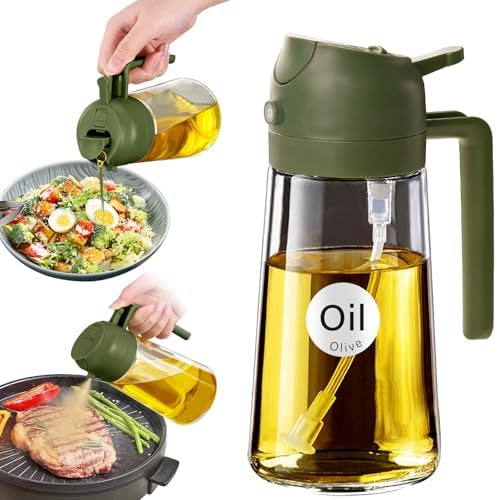 YARRAMATE Ölsprüher für Speiseöl, 2-in-1 Ölspender und Ölsprühflasche aus Glas, Ölspray für Airfryer, Olivenöl, Kochen, Salat, Grillen, 470 ml, Olivgrün