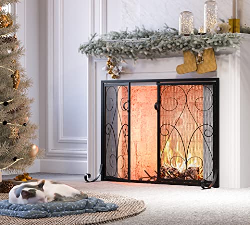 Kingson 2-Panel Fireplace Screen With Doors Handcrafted Wrought Iron Decorative Mesh, Symmetric Scroll Fire Spark Guard-Black #TOP2