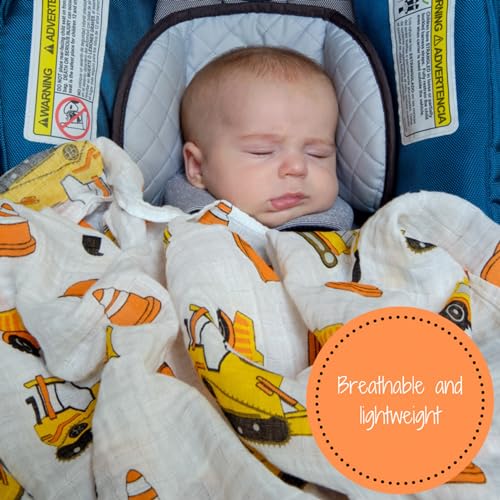 Image of LollyBanks Muslin Swaddle Blanket, 100% Muslin Cotton Baby Blankets for Boys, 47 X 47 Inches Newborn Receiving Blanket, Swaddles for Newborns Baby Boy, Registry (Fun Construction Theme Print)