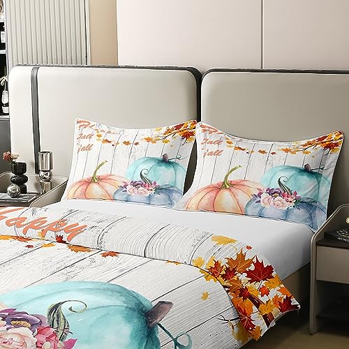 Homewish Cotton Fall Pumpkin Duvet Cover,Thanksgiving Bedding Set Super King,Rustic Farmhouse Maple Leaves Comforter Cover,Autumn Harvest Season Bed Sets with 2 Pillowcases,Watercolor Orange Blue - Image 4