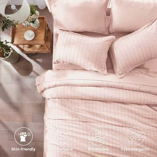 Image of Zzlpp Queen Comforter Set 7 Pieces, Pink Seersucker Bed in a Bag with Comforter and Sheets, All Season Bedding Sets with 1 Comforter, 2 Pillow Shams, 2 Pillowcases, 1 Flat Sheet