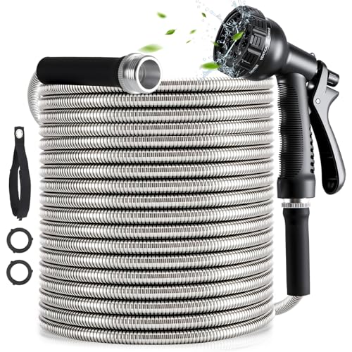 Garden Hose 100 ft, 304 Stainless Steel Water Hose with 10 Functions Nozzle, No Kinks, Flexible Hose, Puncture Proof, Pet Proof, Metal Heavy Duty Hose for Yard and Outdoor Garden Hose 100 ft, 304 Stainless Steel Water Hose with 10 Functions Nozzle, No Kinks, Flexible Hose, Puncture Proof, Pet Proof, Metal Heavy Duty Hose for Yard and Outdoor