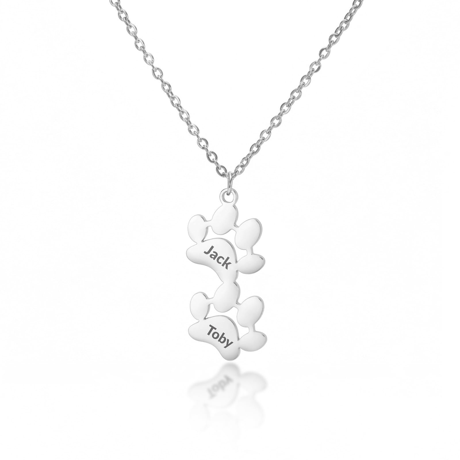 Y Z Personalised Dog Pet Paw Print Necklace with Engraved Name In Silver and Gold Gift Pet lovers UK Made and Processed. (Silver)