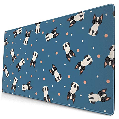 マウスパッド 大型 ゲーミング キーボードパッド 子犬 ペット ボストンテリア まだら 眼鏡 キュート ゴム底 光学マウス ゲーム 特大 40cm×75cm 滑り止め 耐久性が良い おしゃれ かわいい 防水 サイバーカフェ オフィス最適 適度な表面摩擦