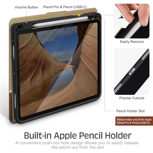 Image of KingBlanc Case for iPad Pro 11-inch (M5 2025 /M4 2024) with Pencil Holder, Vintage Notebook-Style Vegan Leather Cover, Multi-Angle Stand for Viewing & Typing, Magnetic Closure, Auto Sleep /Wake, Beige