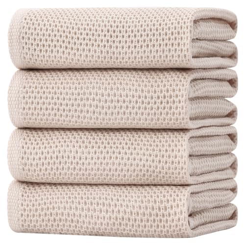 Image of Homaxy 100% Cotton Oversized Waffle Weave Kitchen Dish Towels, Ultra Soft Absorbent Quick Drying Cleaning Towel, 20 x 28 Inches, 4-Pack, Beige