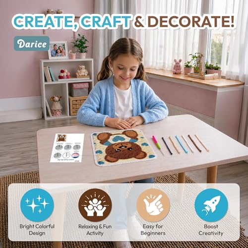 Image of Darice Latch Hook Rug Kit, Blue Bear Design DIY Latch Hook Kit for Kids & Adults, Color Canvas, PreCut Yarn & Hook Tool, Craft Activity & Gift for Kids