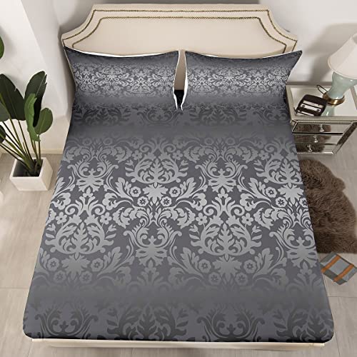 Erosebridal Dark Grey Fitted Sheet Queen For Men,Gray Ombre Paisley Damask Floral Bedding Set Victorian Baroque Gothic Bed Sheets Bohemian Exotic Bed Sheet 2 Pillow Cases Hotel Luxury Room Decor #TOP10