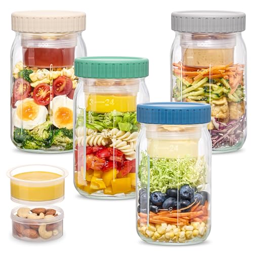 LIMILI 4Pcs 32OZ/1000ML Salad Jars with Lids Glass Container with 2 Built-In Compartments for Dry-Wet Separation Leak-Proof Glass Breakfast Pots for Yogurt Cereal Fruit Salad Meal Prep for Lunch