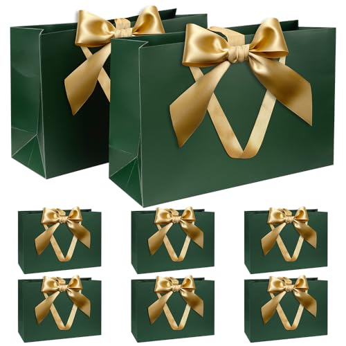 Geschenktüten Set, Grün Geschenktüte mit Schleife Geschenktüte mit Henkel 8 Stück 30x20x10cm Geschenktüten für Weihnachten Geburtstag Hochzeit