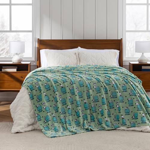 Image of Berkshire Peanuts VelvetLoft Cute Character Snoopy Plush Blanket,Regular Snoopy Dog House Poses & Paws Closed in Sage,Full /Queen 90 in x 90 in (Official Peanuts Product)