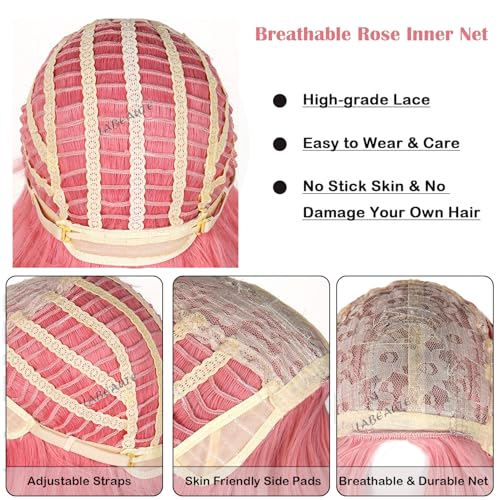 Image of LABEAUTE Tetia Cosplay Wig 23.6 Inch Pink Long Wig for Witch Hat Atelier Costume Heat Resistant Synthetic Hair for Halloween /Party