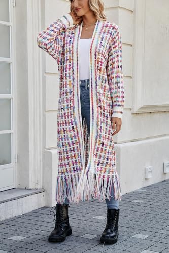 Image of Womens Boho Cardigan Sweater Maxi Long Colorful Fringed Tassels Knitted Cardigan Jacket Outwear