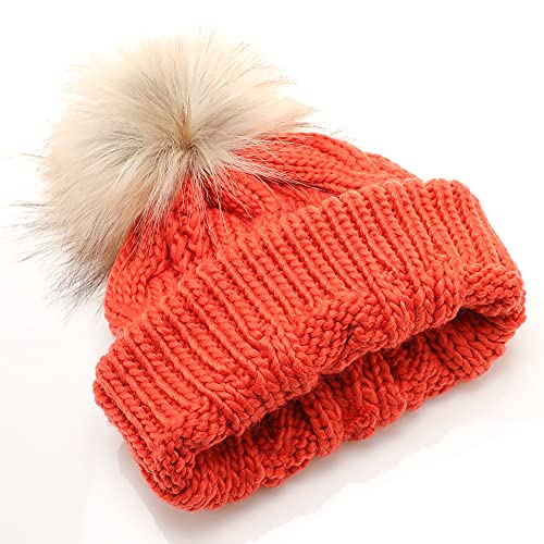 Mirmaru Kids Youth Boys & Girls Ages 7-12 Winter Thick Stretchy Cable Knitted Pom Pom Beanie Hat (Fauxpom/Orange) #TOP2