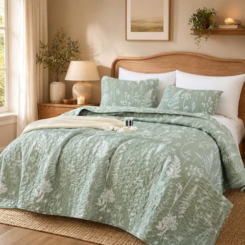 JANZAA Quilts Queen Size Sage Green Quilt Botanical with Floral Pattern Microfiber Bedspreads Queen Size 3 Pieces Lightweight Comforter Reversible Bedding Set with 2 Pillow Cases