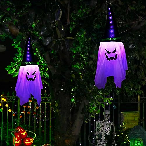 BLOOMWIN Halloween Decoration Exterieur Effrayante - 2PCS 1M Fantôme & Chapeau Sorciere, Décoration Halloween avec Guirlande Lumineuse LED Convient à Deco Noel Salon...