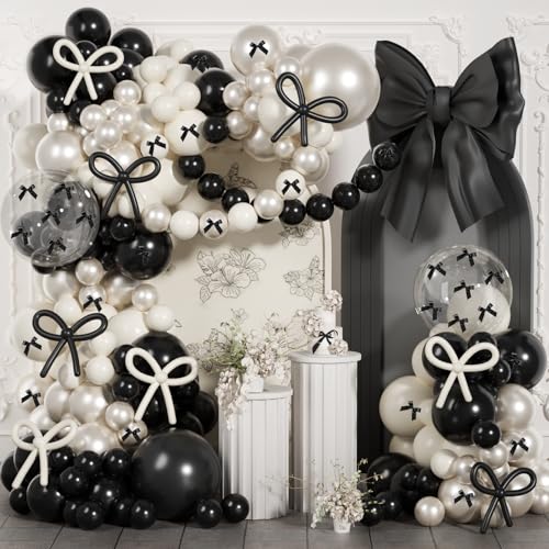 Image of JOGAMS 199Pcs Black and White Balloons Arch Garland Kit, Black Bow Party Decorations with 260 Clear Ribbon Pearl White Balloons for Bow Coquette Birthday Decorations Bachelor Baby Shower Bridal Shower