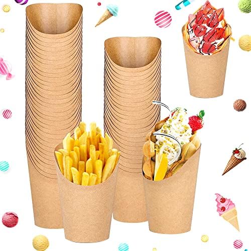SIYINGSAERY 50 PCS Disposable French Fry Cup 14oz Snacks Kraft Paper Cups Holder Food Cones Trays Ice Cream Cups Holder Waffle Paper Popcorn Boxes Take-Out Party Frozen Dessert Supplies for Chips Cake