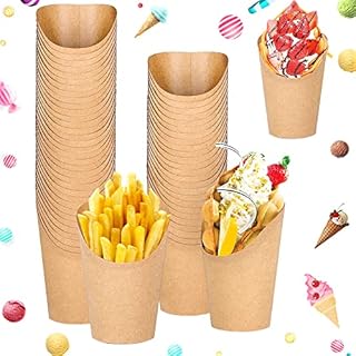 SIYINGSAERY 50 PCS Disposable French Fry Cup 14oz Snacks Kraft Paper Cups Holder Food Cones Trays Ice Cream Cups Holder Waffle Paper Popcorn Boxes Take-Out Party Frozen Dessert Supplies for Chips Cake