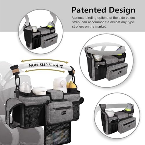 Image of TOPDesign Universal Baby Stroller Organizer, Double Stroller Caddy with Detachable Mesh Bag & Heightened Insulated Cup Holders & Non-Slip Secure Hooks Accessories, Fits Most Strollers (Checkerboard)