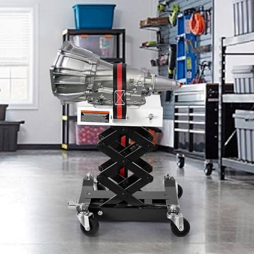 Image of GarveeTech Low Profile Transmission Jack 450 LB Capacity, 7-23 in Lift Range, Auto Repair Car Lift Jack with Double Scissor Design, Safety Locking Straps & 4 Swivel Wheels for Home Garage, Black