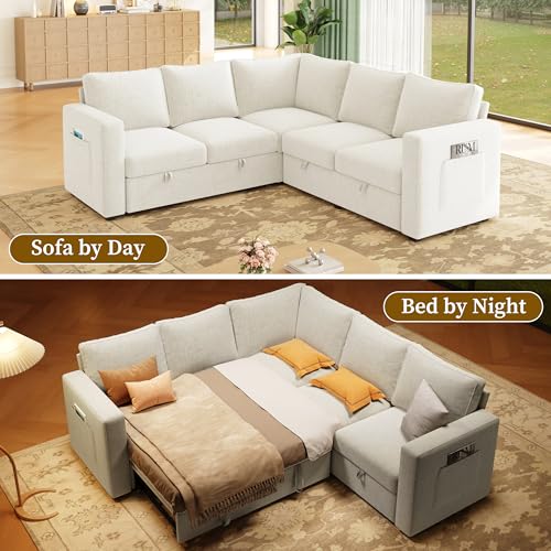 Image of 83.5 inch Sectional Sleeper Sofa with Pull Out Couch, Modern 5 Seat L Shaped Modular Couch, Sectionals Modular Sofa with Storage, Comfy Sectional Couches for Living Room & Apartment,Light Beige