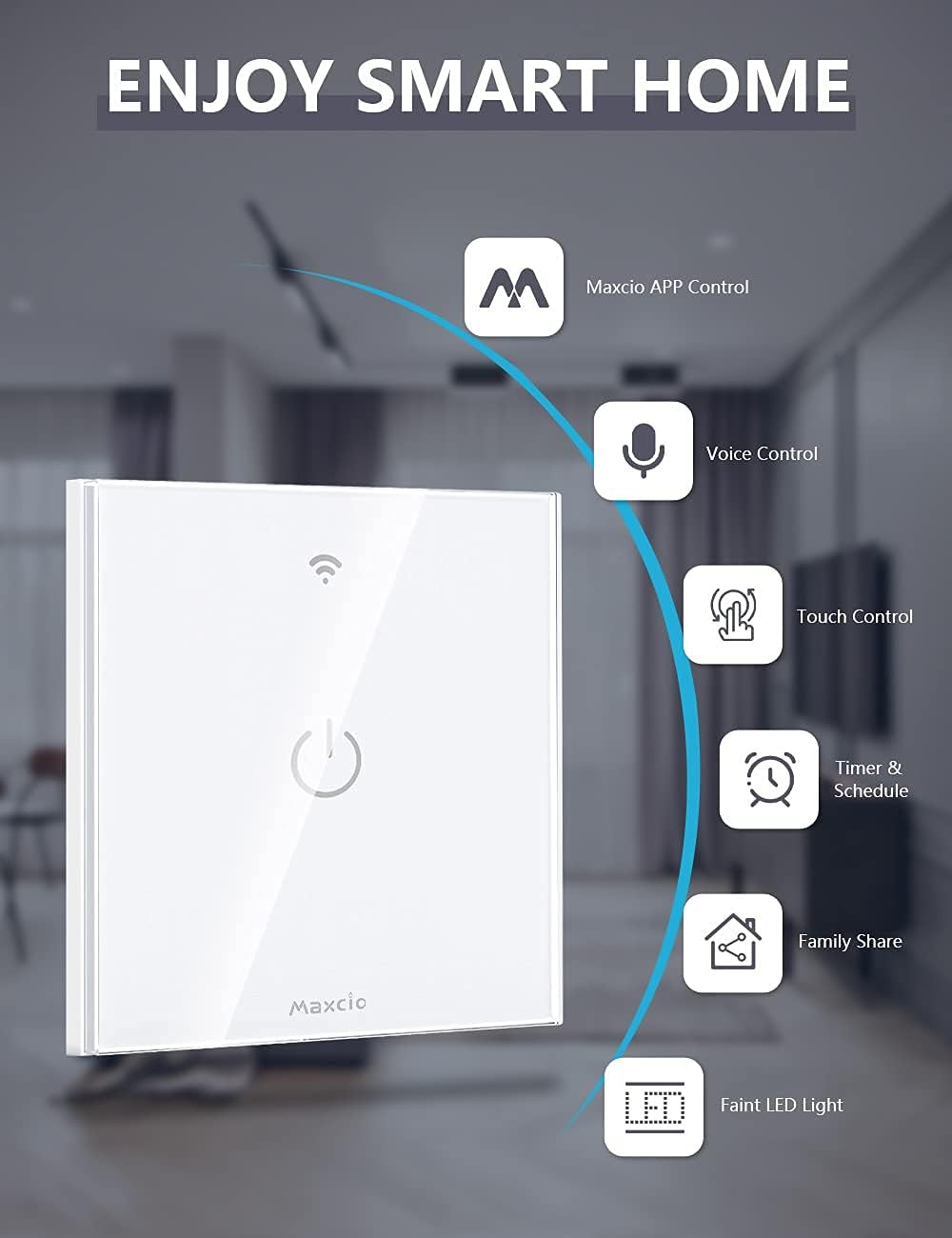 Maxcio Smart WiFi Light Switch showing various control methods