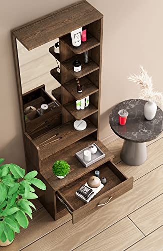 Image of Bniture Wooden Dressing Table for Bedroom with 1 Drawer, Mirror and Huge Storage Space | Long Dresser Vanity Table with Mirror (42D x 60W x 180H CM) | 1 Year Warranty (Flower Wenge, HXDR102)