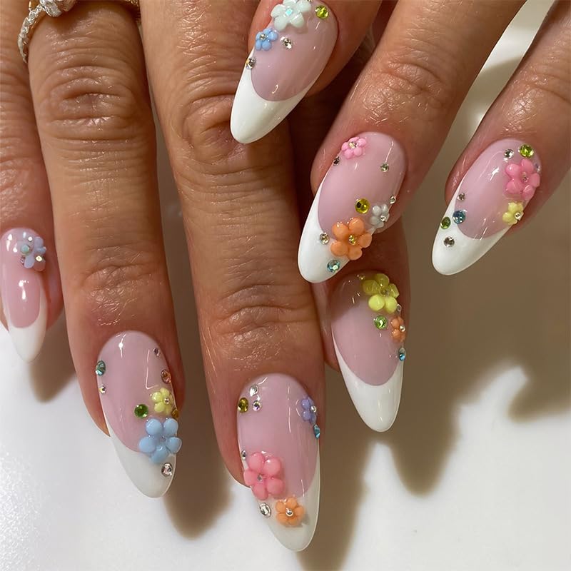 3D Flower Press on Nails Long Almond White French Tip Nails Press...